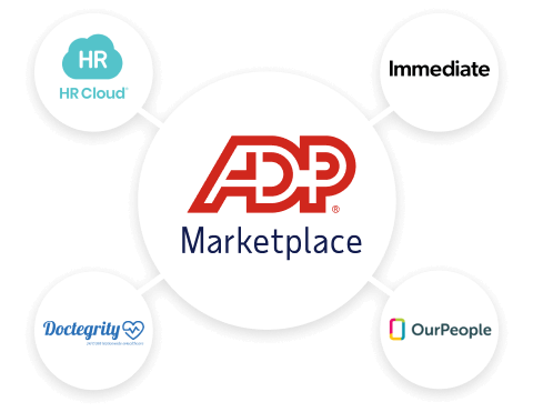 Featured ADP Marketplace application logos: HR Cloud, Immediate, Doctegrity, OurPeople