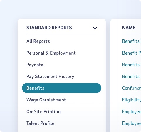 Screenshot of standard reports tab highlighting Benefits reporting options